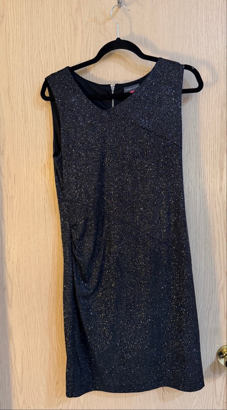 Vince Camuto Black Metallic Sparkle V-Neck Cocktail Sheath Dress Small